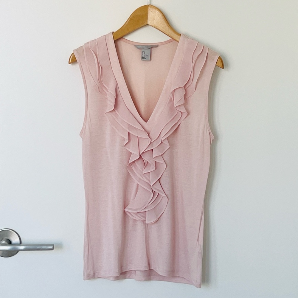 Chiffon Ruffle V-Neck Blouse, Light Pink, Size S